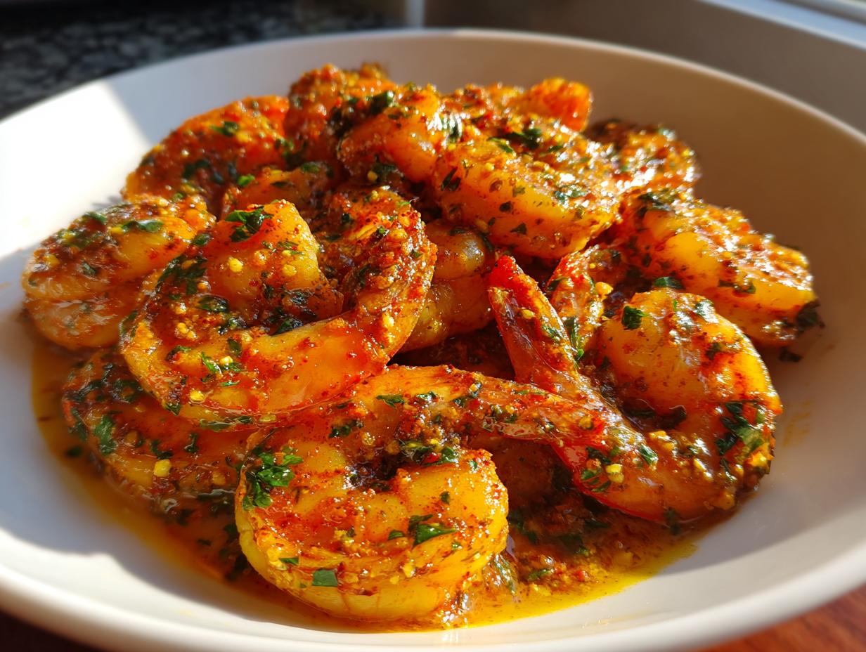 A close-up serving of vibrant, saucy cajun shrimp garnished with green herbs in a white bowl.