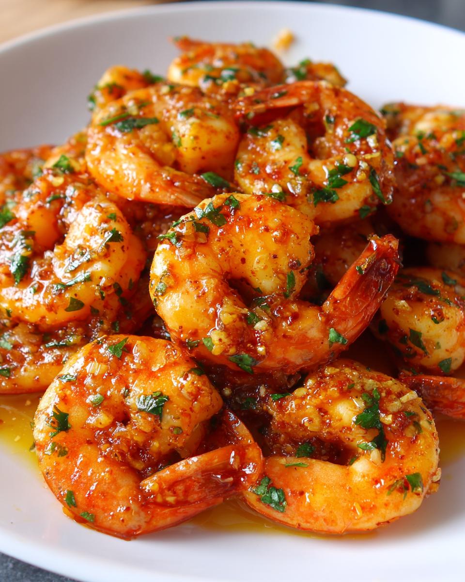 A close-up of plump, orange-hued Cajun shrimp coated in a rich, buttery sauce with visible herbs and spices.
