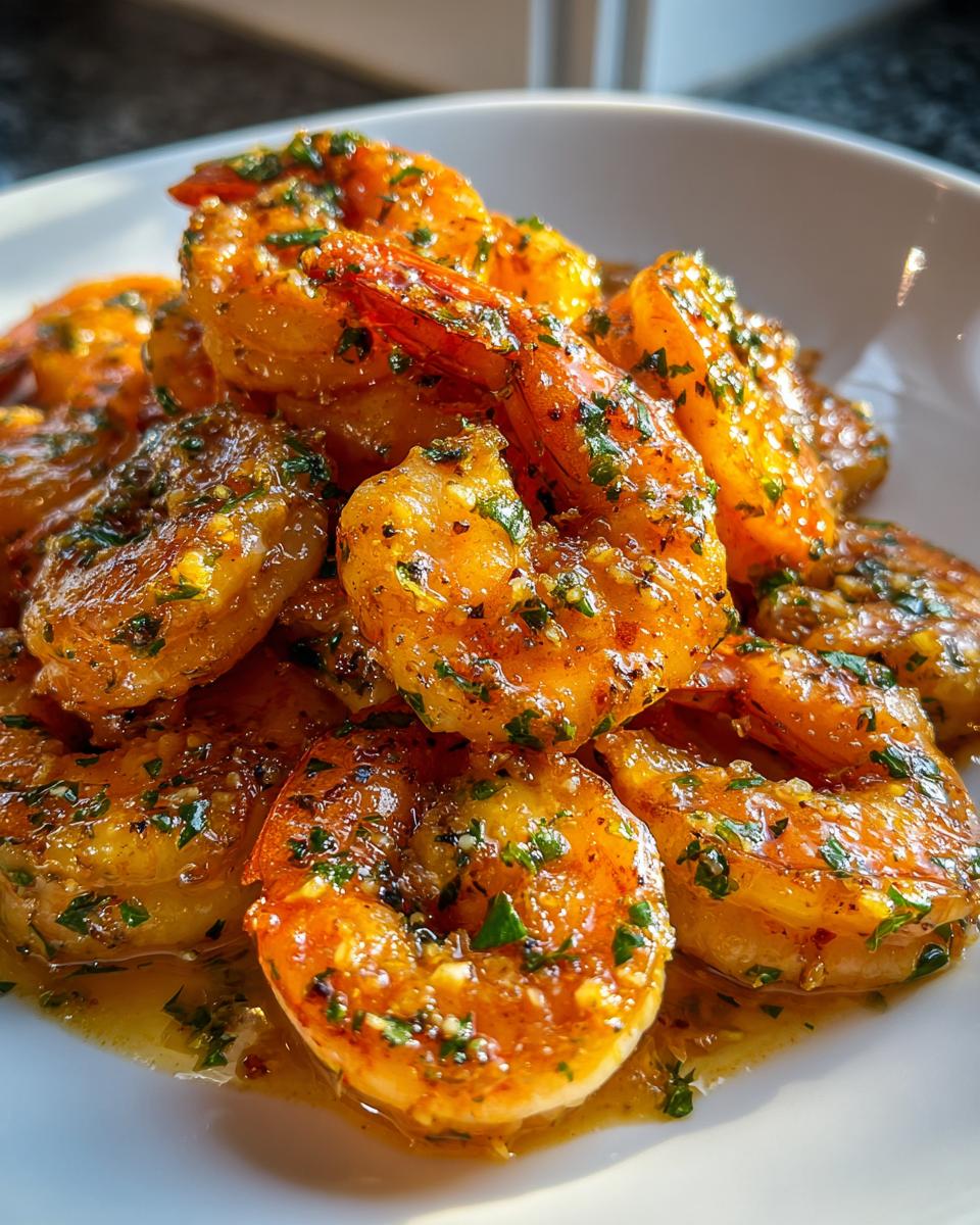 A close-up of juicy, orange-hued cajun shrimp coated in a buttery sauce and fresh parsley.