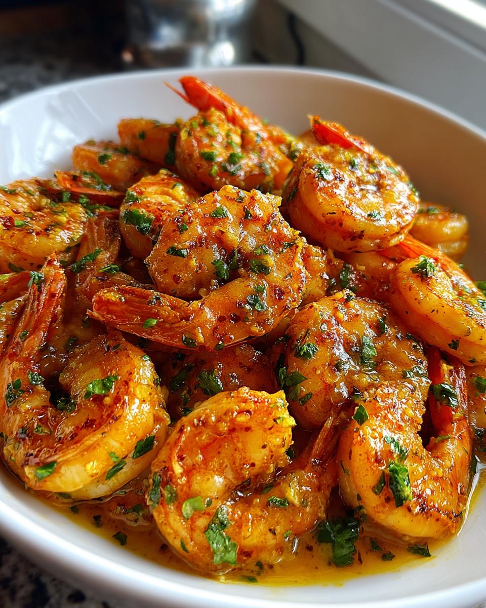 A close-up of perfectly cooked Cajun shrimp coated in a rich, buttery sauce and garnished with fresh parsley.