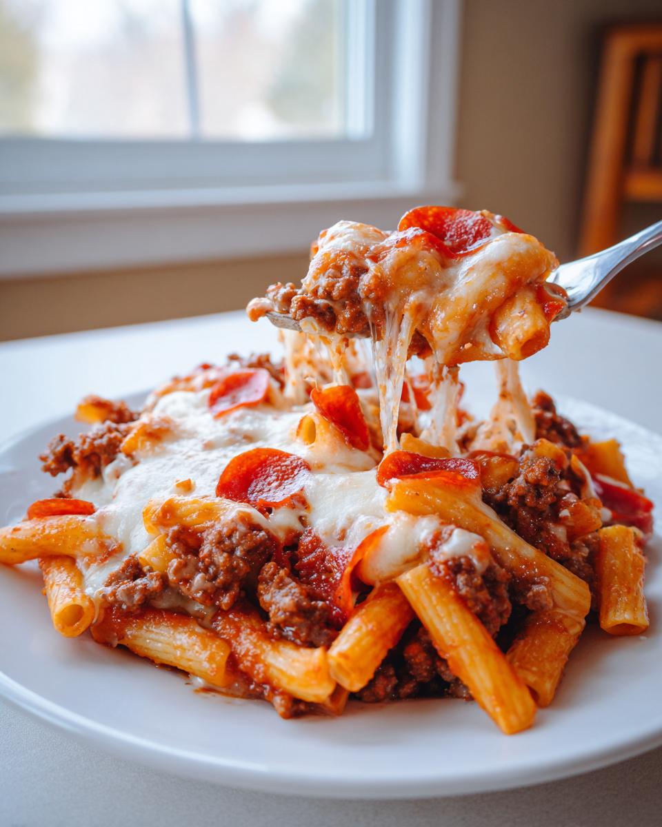 A fork lifting a cheesy, saucy portion of pizza casserole topped with pepperoni and ground meat.