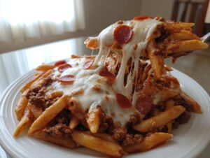 A fork lifts a serving of cheesy pizza casserole, showing long mozzarella cheese pulls over penne pasta, meat sauce, and pepperoni.