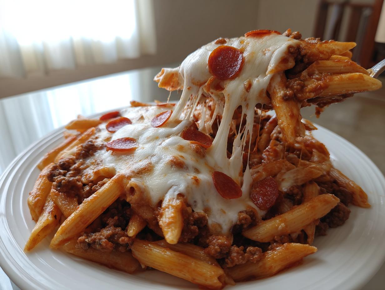 A fork lifts a serving of cheesy pizza casserole, showing long mozzarella cheese pulls over penne pasta, meat sauce, and pepperoni.