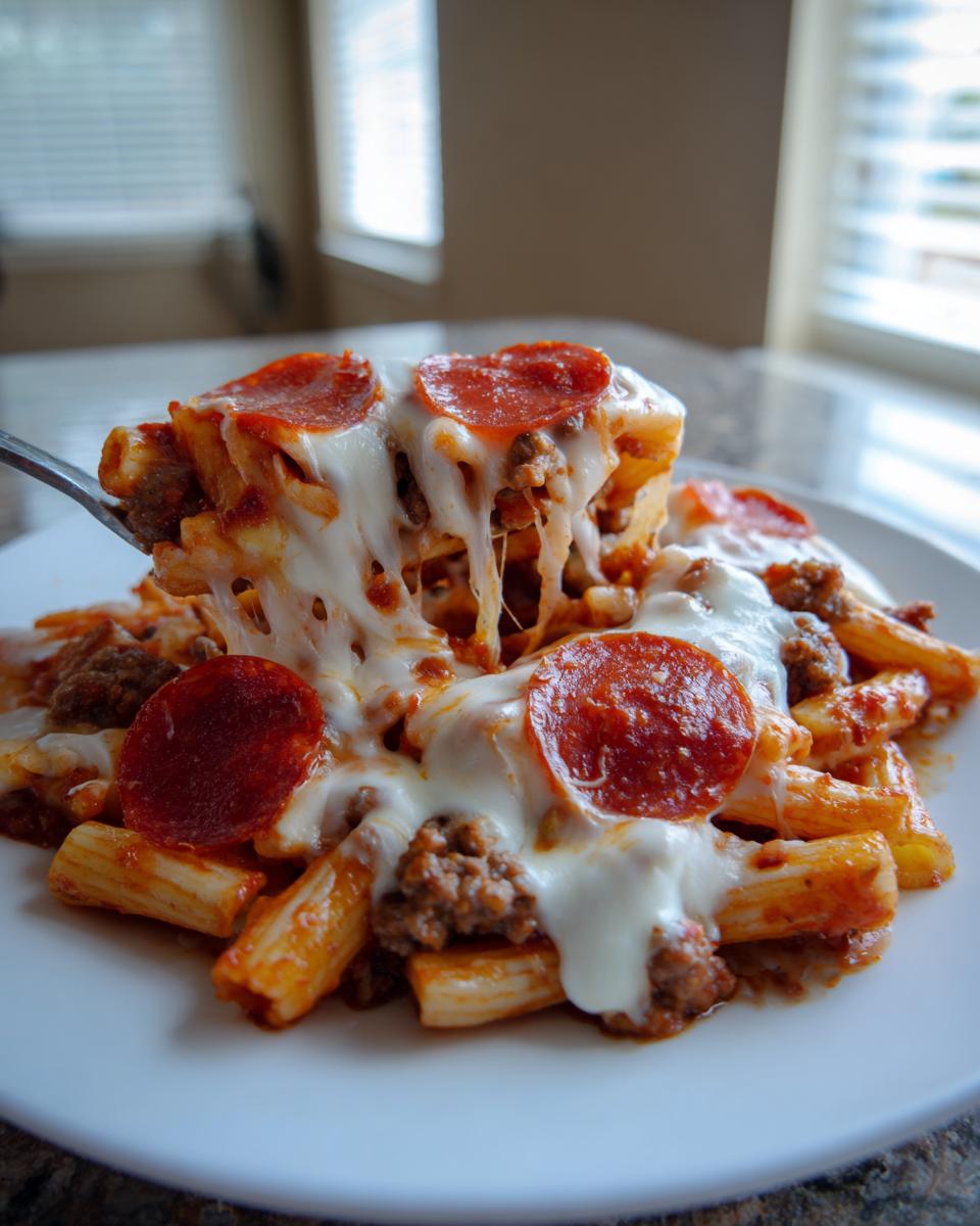 A fork lifts a cheesy, saucy portion of pizza casserole topped with pepperoni and ground meat.