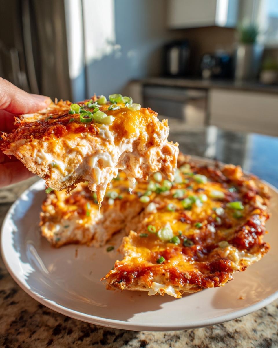 A hand lifting a cheesy, gooey slice of baked texas trash dip topped with green onions from the main dish on a white plate.