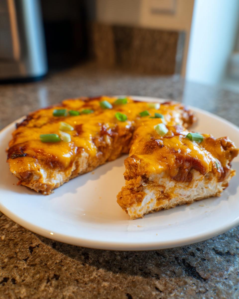 A serving of baked texas trash dip, cut into wedges, topped with melted cheddar cheese and green onions.