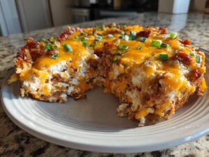 A hearty slice of baked texas trash dip, showing layers of cheese, cream cheese, and bacon, topped with melted cheddar and green onions.