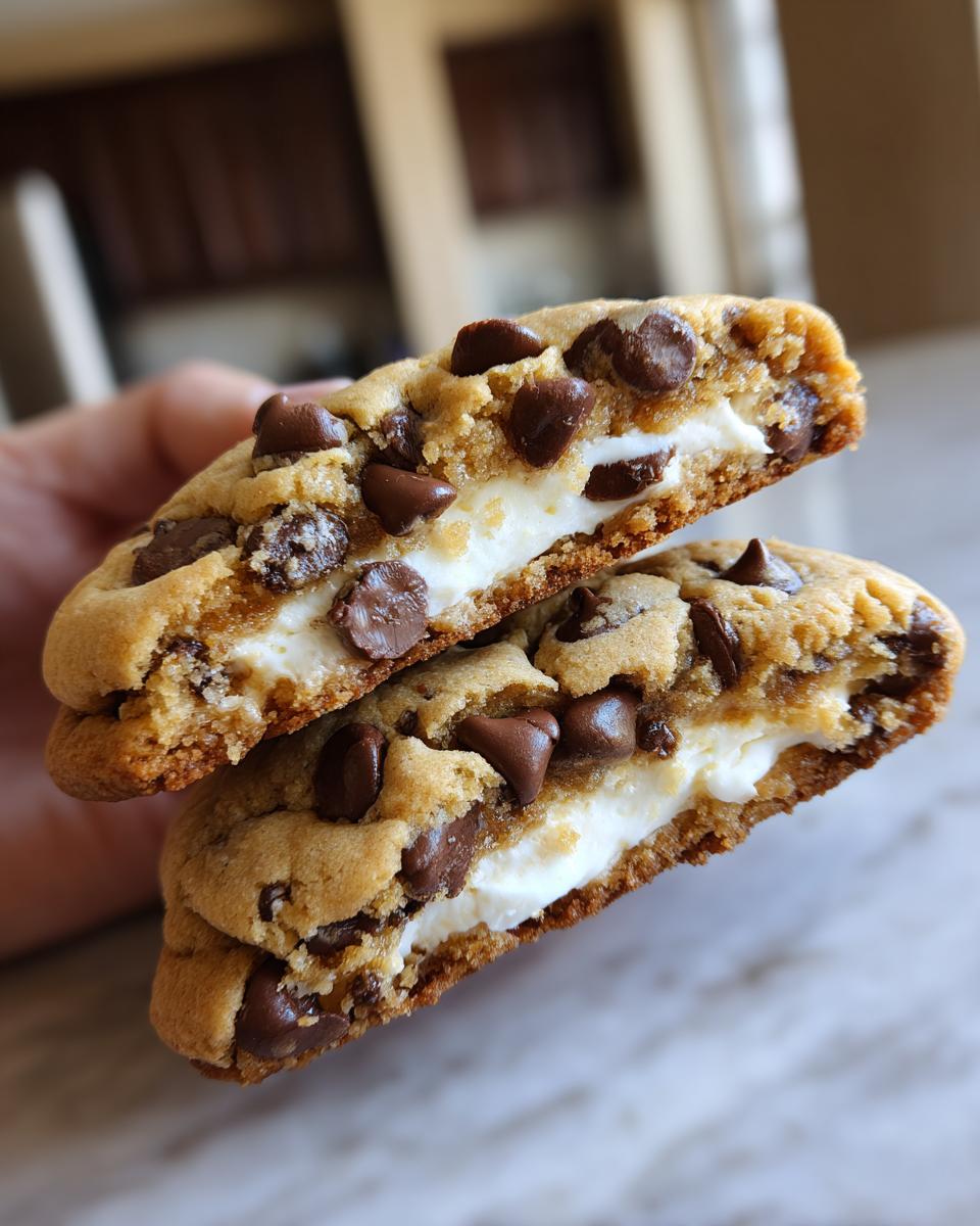 A close-up showing two halves of a soft chocolate chip cheesecake cookies, revealing the creamy white filling inside.