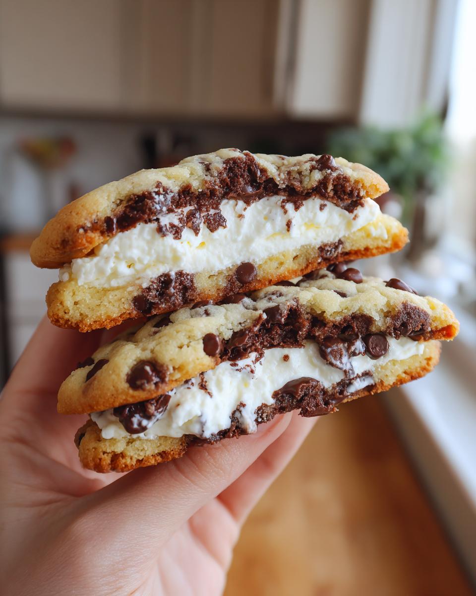 Two halves of a chocolate chip cheesecake cookie sandwich held up, showing the thick, creamy filling.