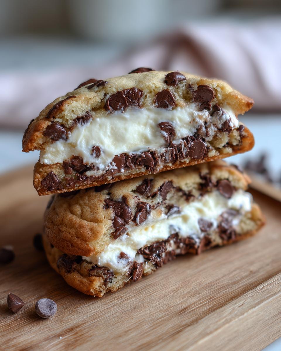 Two halves of a chocolate chip cheesecake cookie stacked, showing the thick cheesecake filling inside.