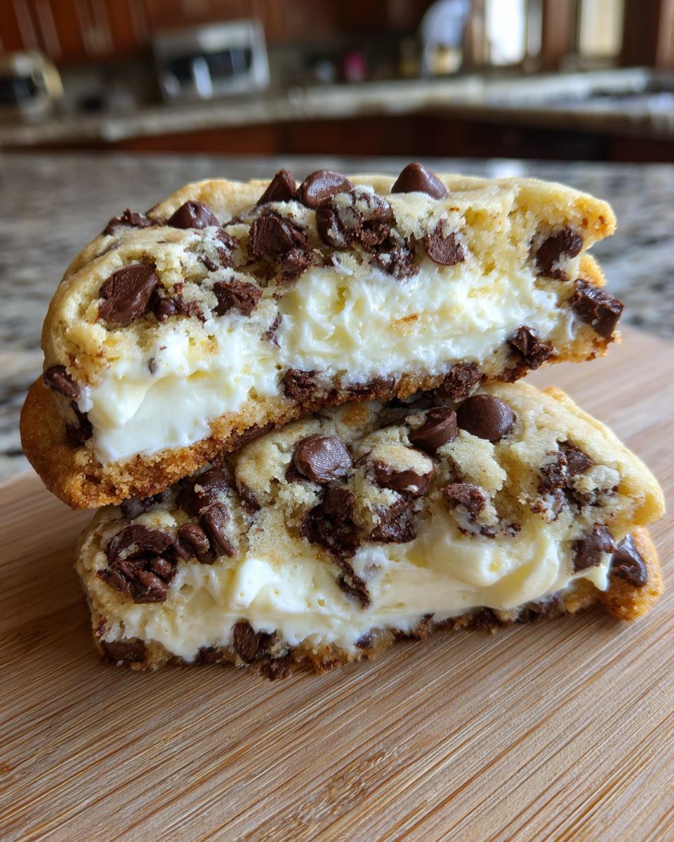 A chocolate chip cheesecake cookie cut in half, showing a thick, creamy cheesecake filling inside the cookie dough.