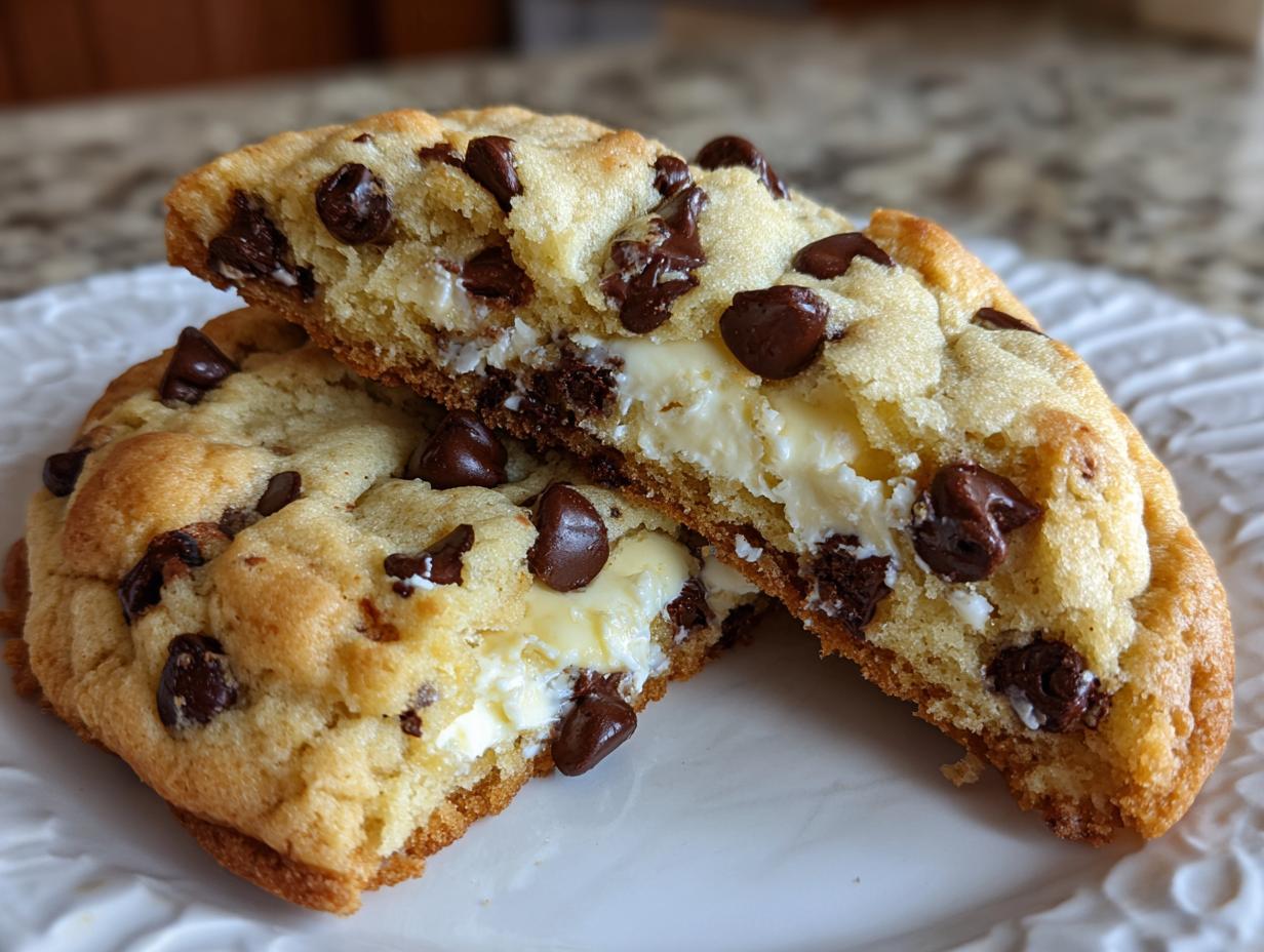 A chocolate chip cheesecake cookie cut in half showing the creamy white cheesecake filling inside.