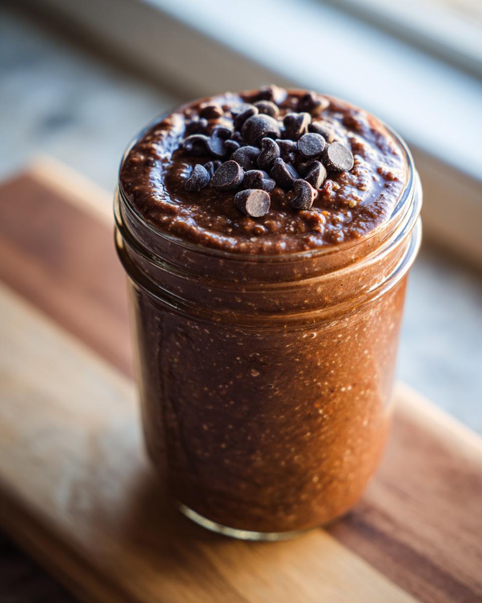 Close-up of rich chocolate overnight oats in a mason jar, topped generously with dark chocolate chips.