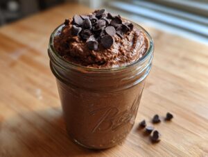 Close-up of thick, rich chocolate overnight oats topped with chocolate chips in a glass mason jar.