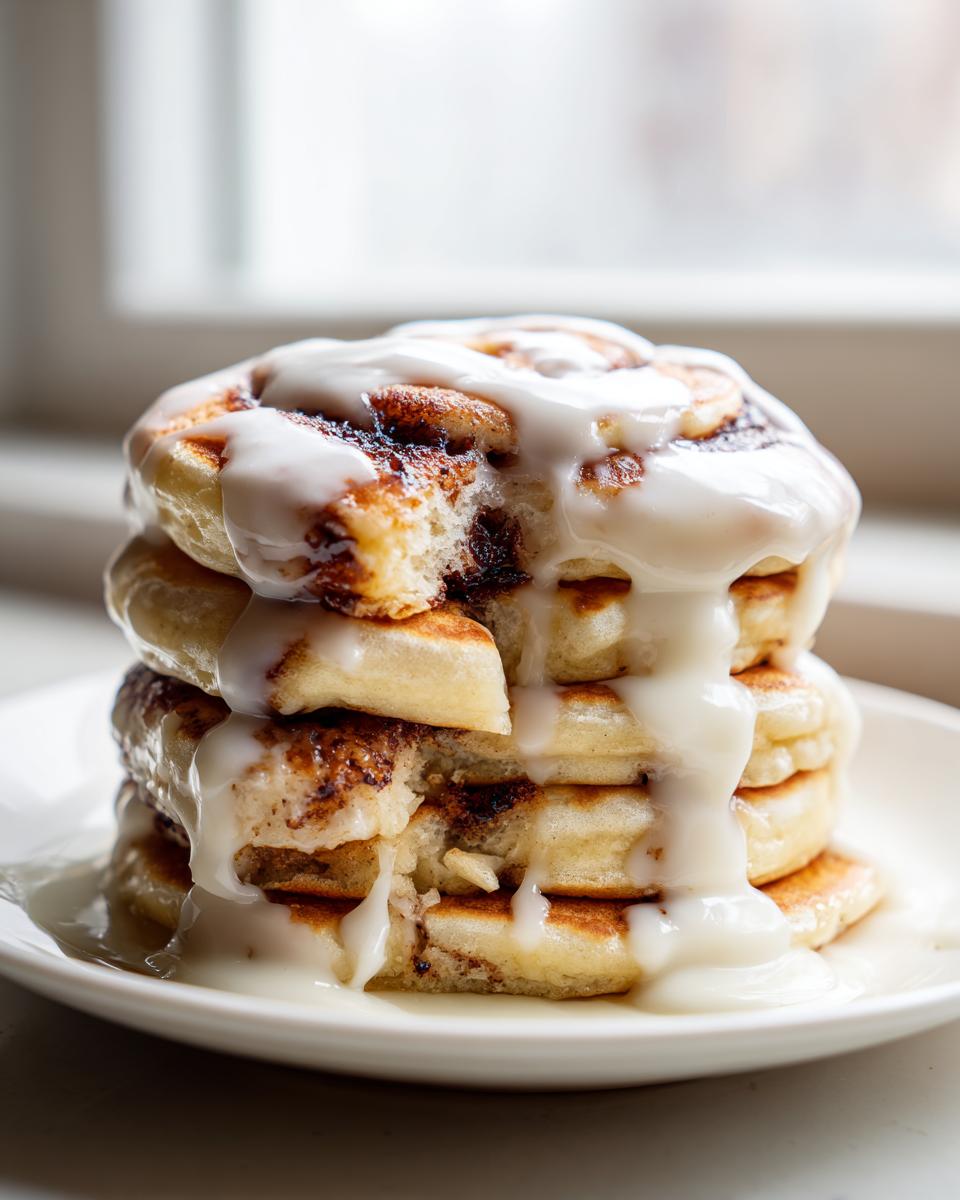 A tall stack of fluffy cinnamon roll pancakes generously covered in white cream cheese icing.