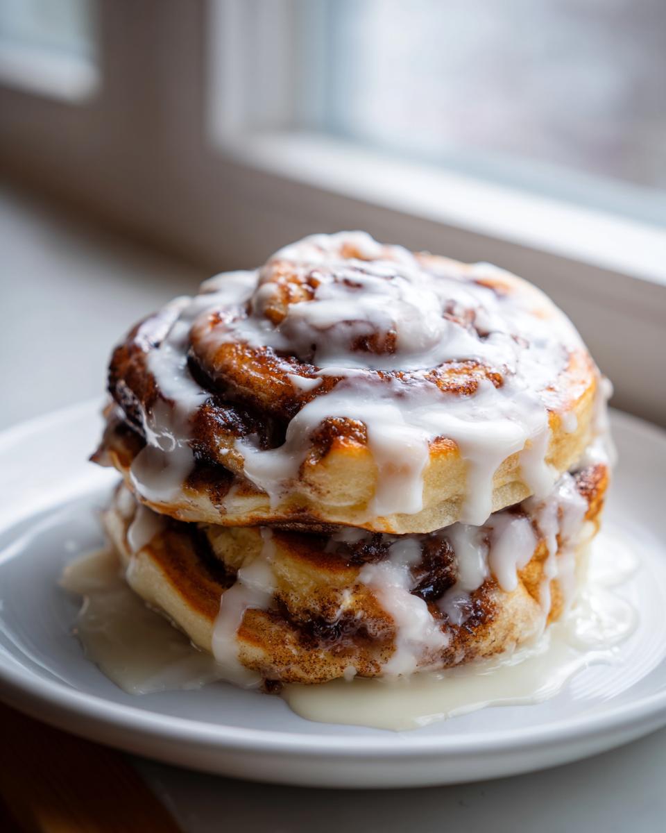 A stack of two fluffy cinnamon roll pancakes generously drizzled with white icing.