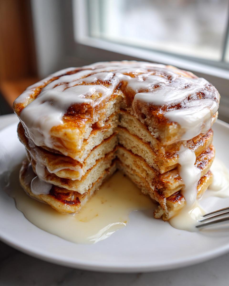 A tall stack of fluffy cinnamon roll pancakes, cut open to show layers, drizzled heavily with white icing.