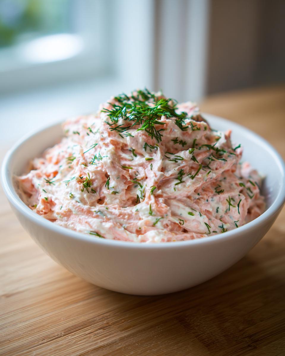 A white bowl filled with creamy smoked salmon dip, garnished generously with fresh dill, sitting on a wooden surface.