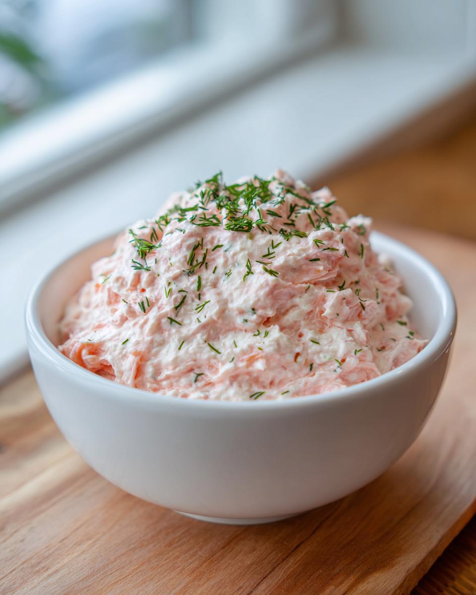 A white bowl filled with creamy smoked salmon dip, garnished generously with fresh chopped dill.