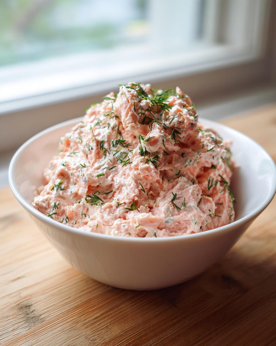 A white bowl filled with creamy smoked salmon dip, garnished generously with fresh dill, sitting on a wooden surface.