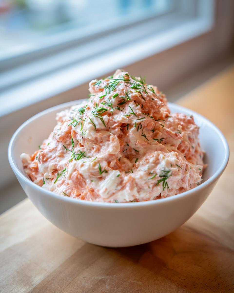 A white bowl filled high with creamy smoked salmon dip, garnished generously with fresh dill.