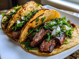 Close-up of three grilled steak tacos filled with sliced marinated steak, diced white onion, and fresh cilantro.