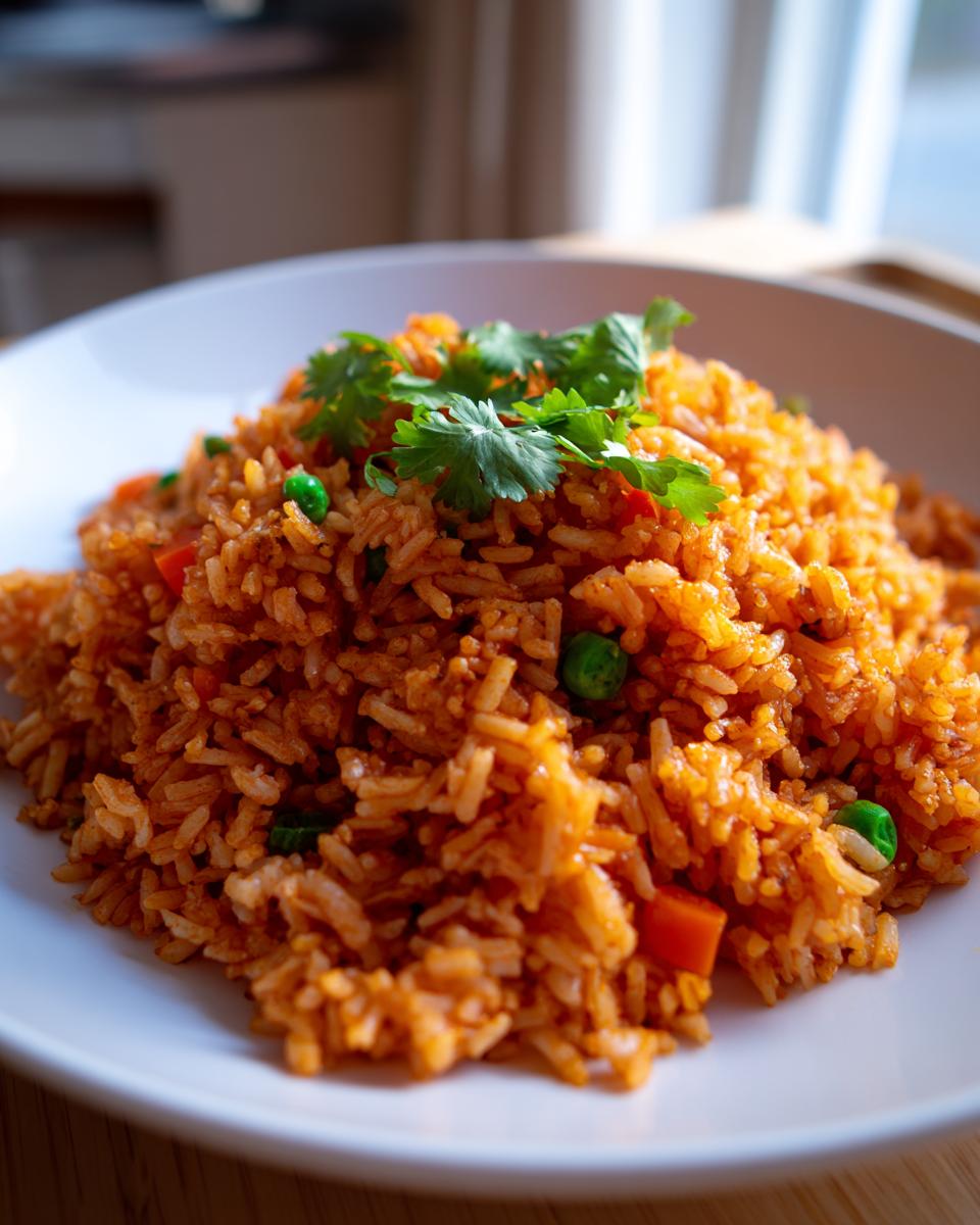 A close-up of fluffy, seasoned Spanish rice mixed with peas and carrots, topped with fresh cilantro.