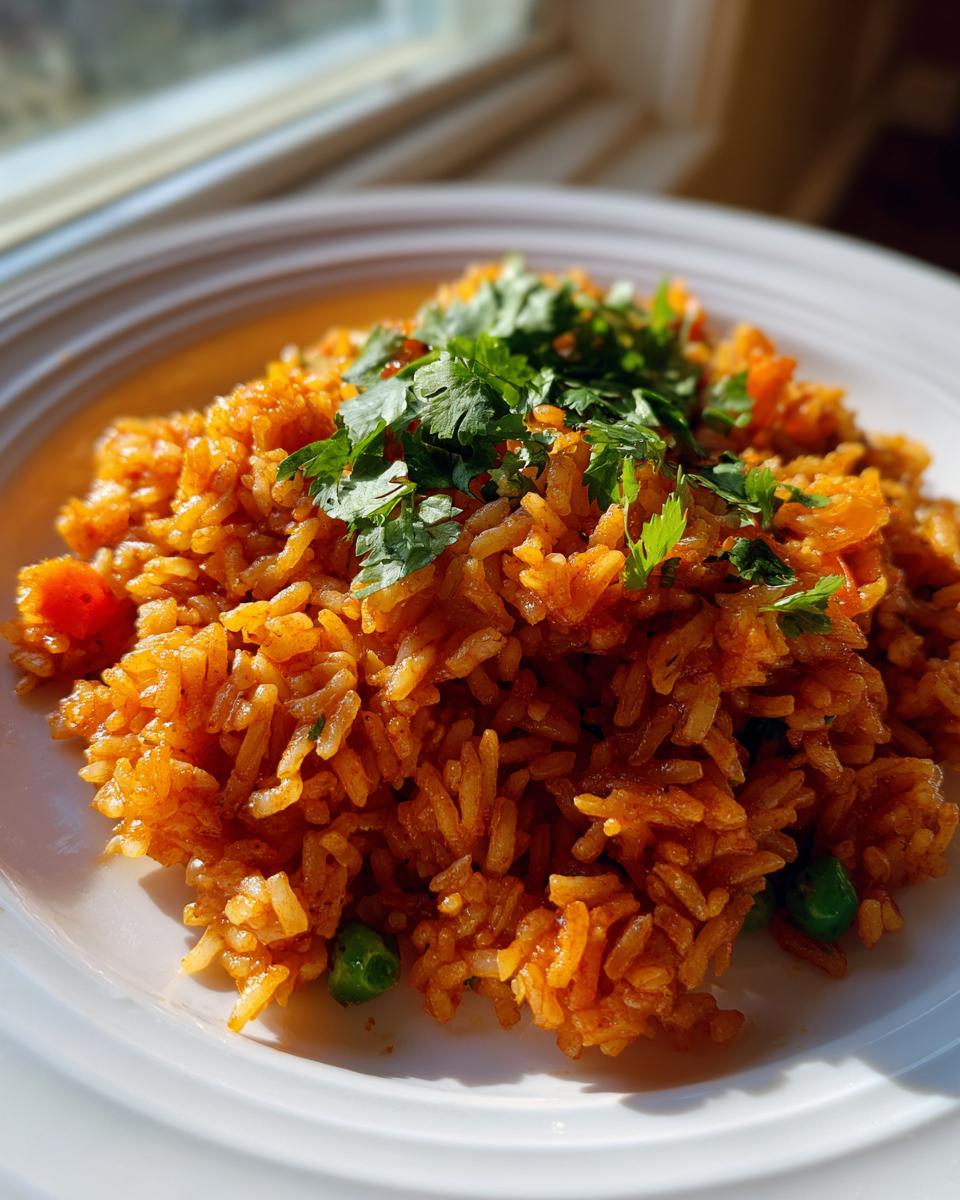 A close-up of fluffy spanish rice, perfectly seasoned and topped with fresh chopped cilantro.