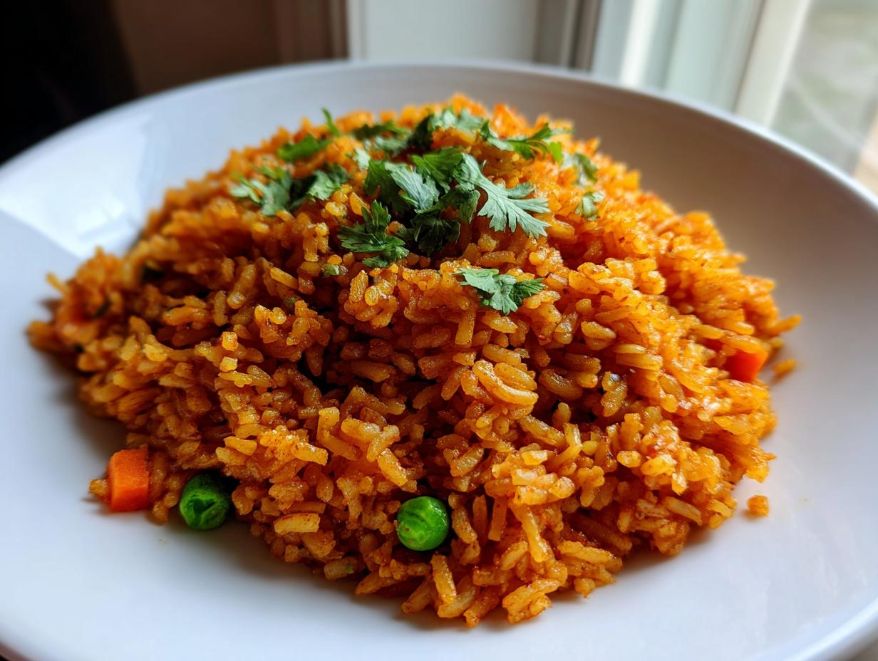 A close-up of fluffy, orange-colored spanish rice topped with fresh cilantro, served in a white bowl.