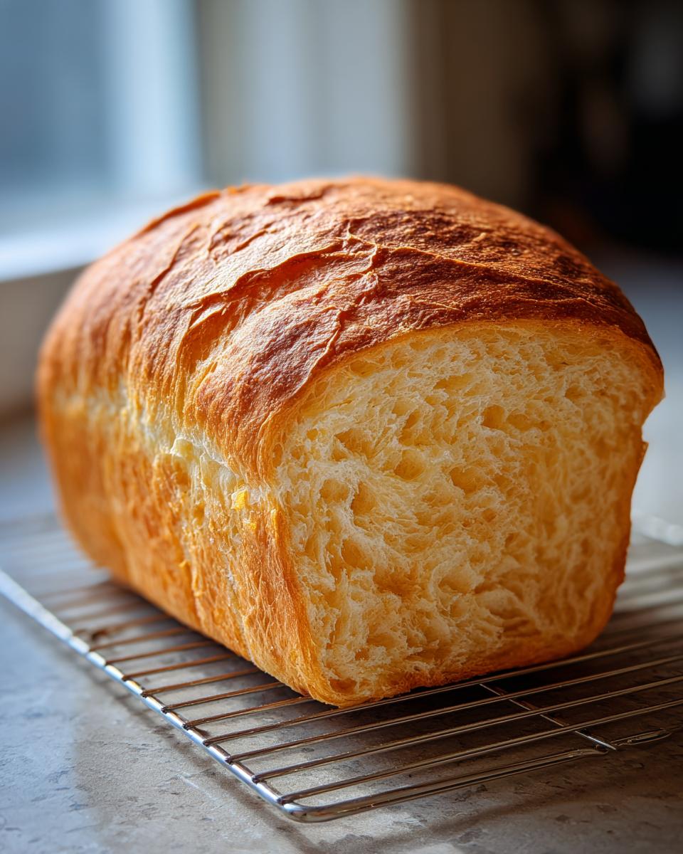 A golden-brown loaf of fluffy yeast bread cooling on a wire rack, showcasing its soft interior texture.