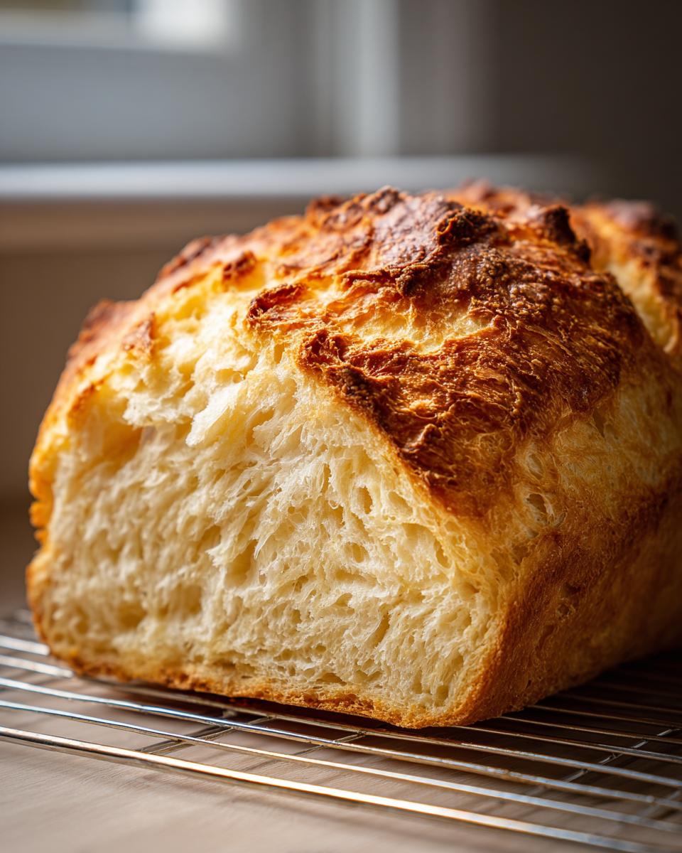 Close-up of a loaf of fluffy yeast bread with a golden-brown crust, showing the soft interior crumb.