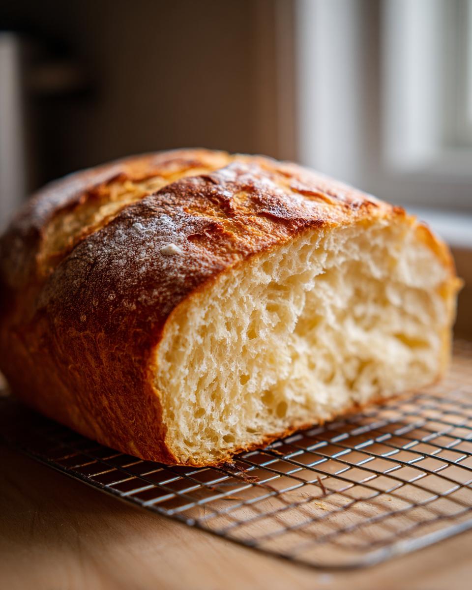 Close-up of a loaf of freshly baked yeast bread, showing the golden crust and soft, airy interior crumb.