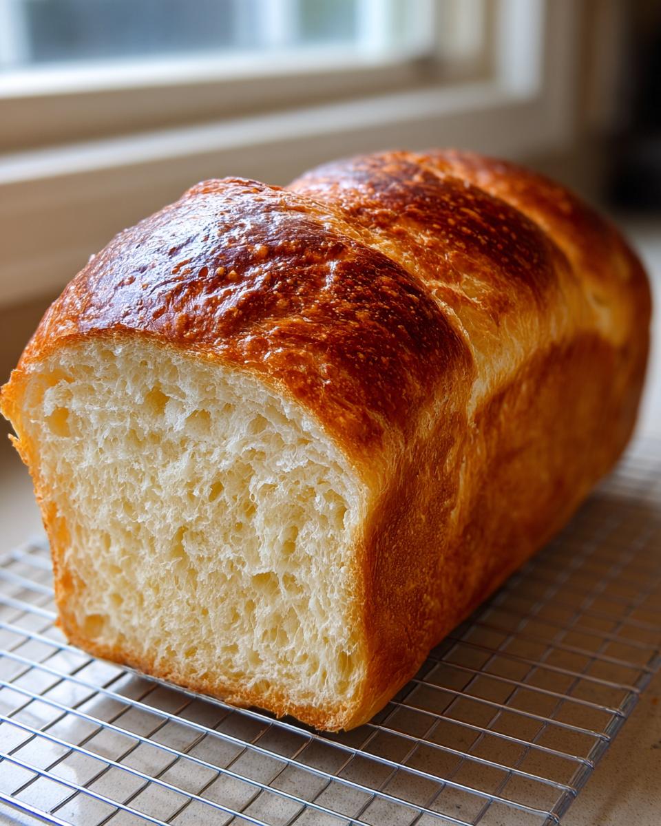 A freshly baked loaf of fluffy yeast bread with a golden-brown, shiny crust, sitting on a cooling rack.