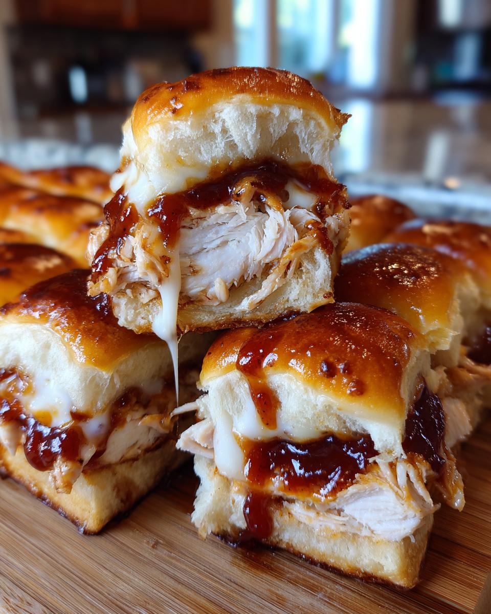 Close-up of gooey bbq chicken sliders stacked, showing shredded chicken, melted white cheese, and rich BBQ sauce on soft rolls.