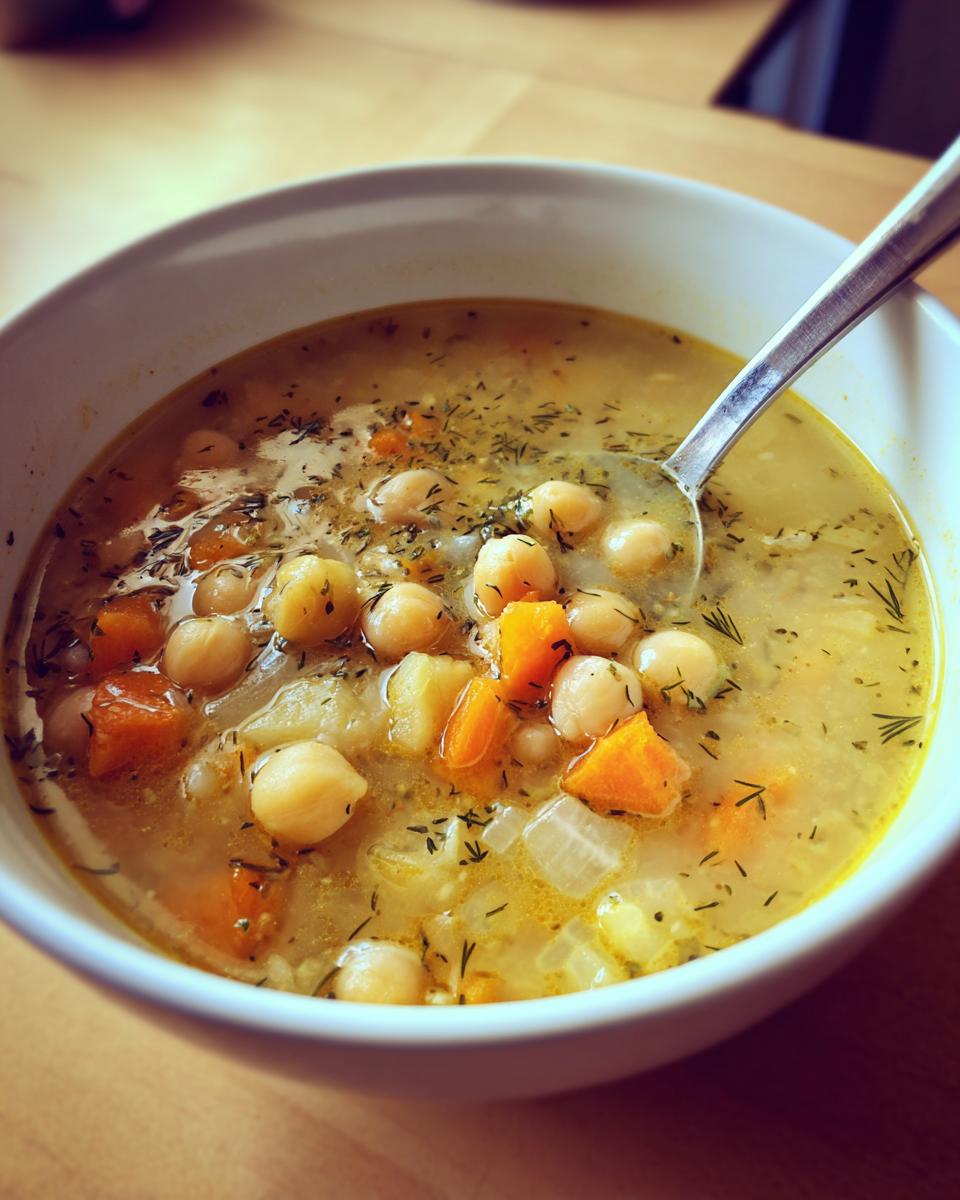 Close-up of a white bowl filled with thick greek chickpea soup, featuring chickpeas, carrots, onions, and dill.