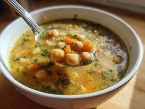 A spoonful of thick, yellow broth filled with chickpeas and diced carrots from a bowl of greek chickpea soup.