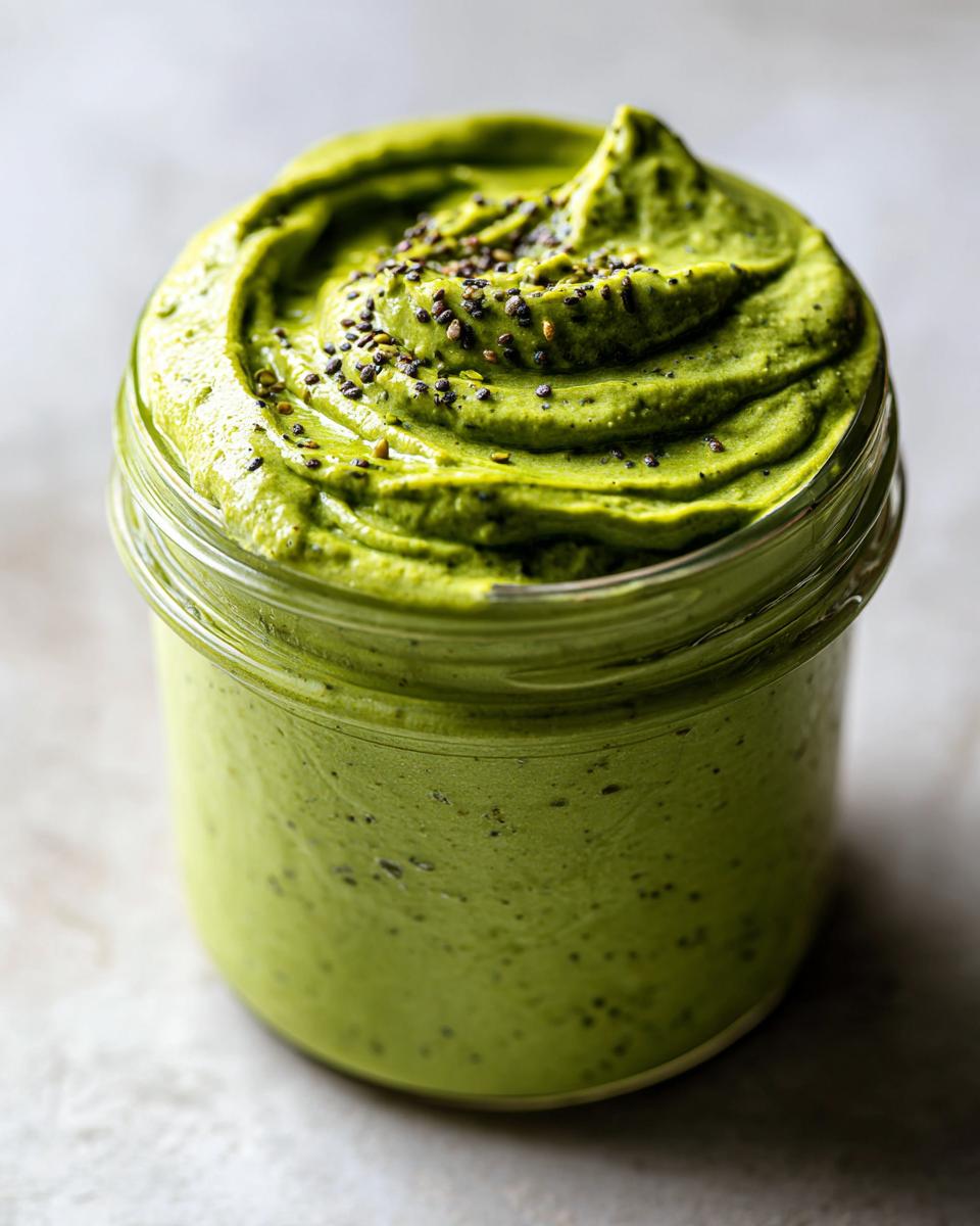 Close-up of vibrant green matcha chia pudding swirled high in a glass jar, topped with chia seeds.