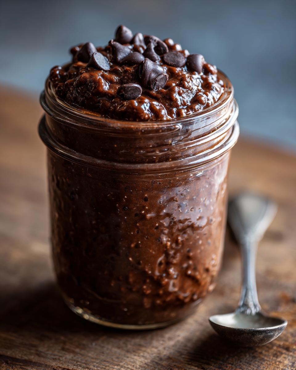 Close-up of rich chocolate overnight oats in a glass jar, topped generously with dark chocolate chips.