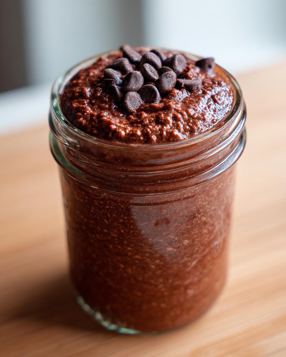 Close-up of rich, thick chocolate overnight oats served in a glass jar, topped with chocolate chips.