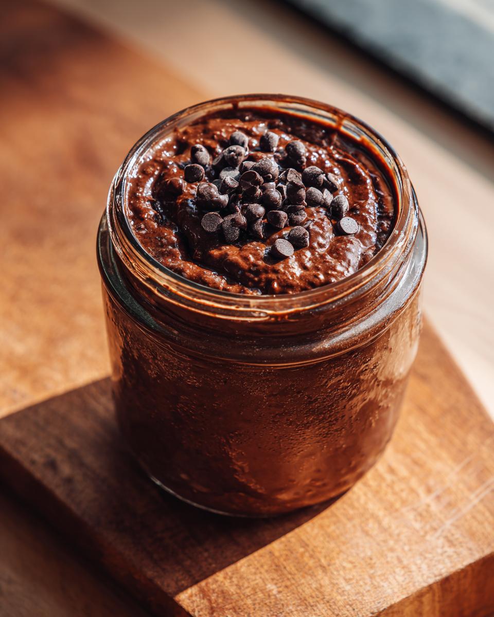 Close-up of rich chocolate overnight oats topped with mini chocolate chips in a glass jar.