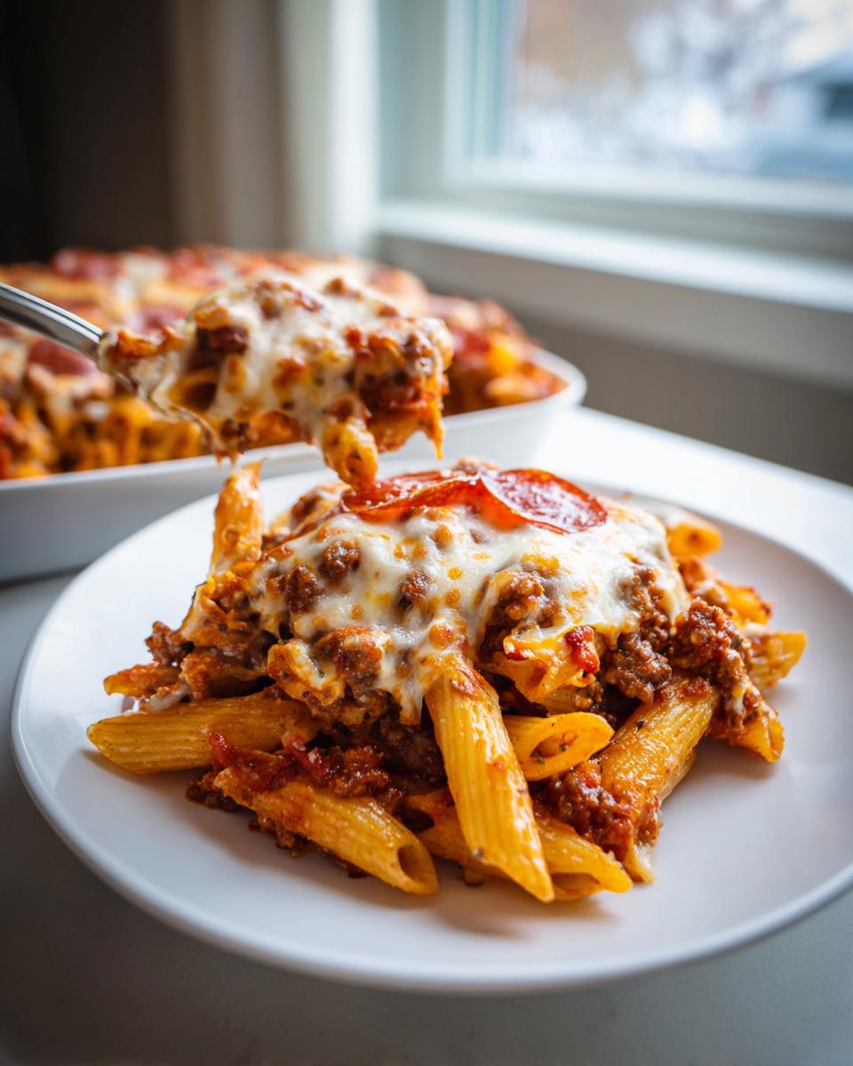 A serving spoon lifts a cheesy portion of baked penne pasta from a plate of pizza casserole topped with melted mozzarella and pepperoni.