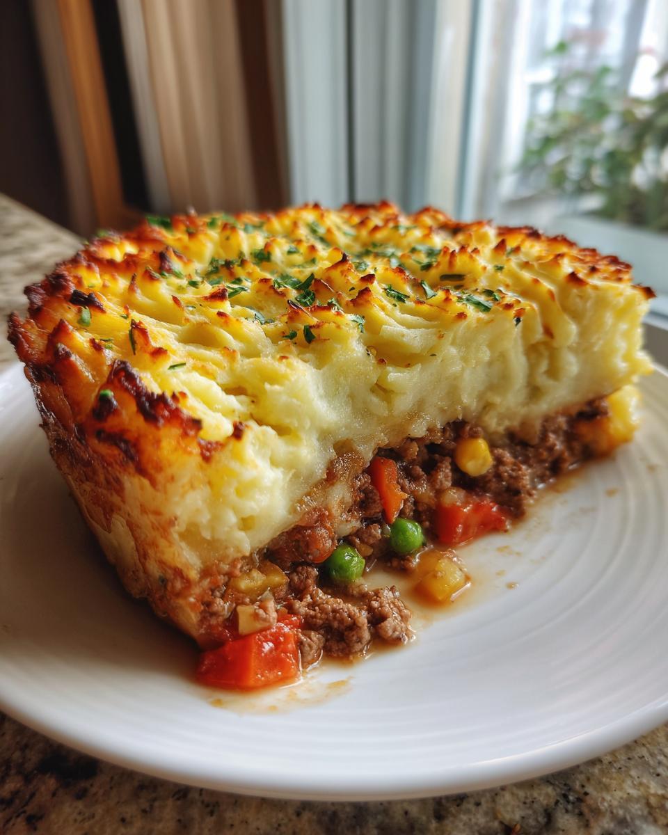 A close-up slice of homemade cottage pie showing a thick layer of browned mashed potato topping over savory ground meat and vegetables.