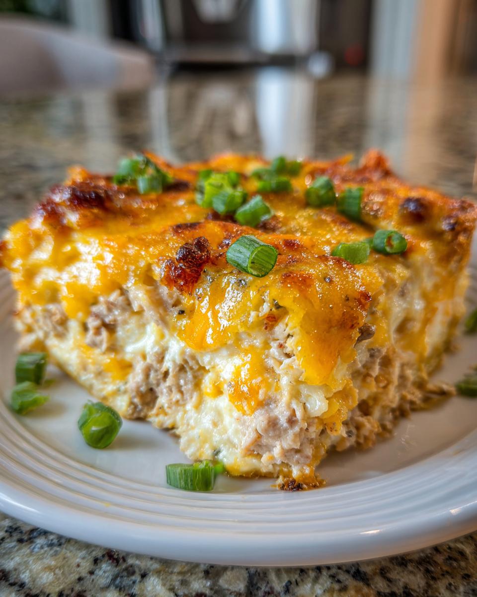 A close-up of a hearty slice of baked texas trash dip, topped with melted cheddar cheese and green onions.