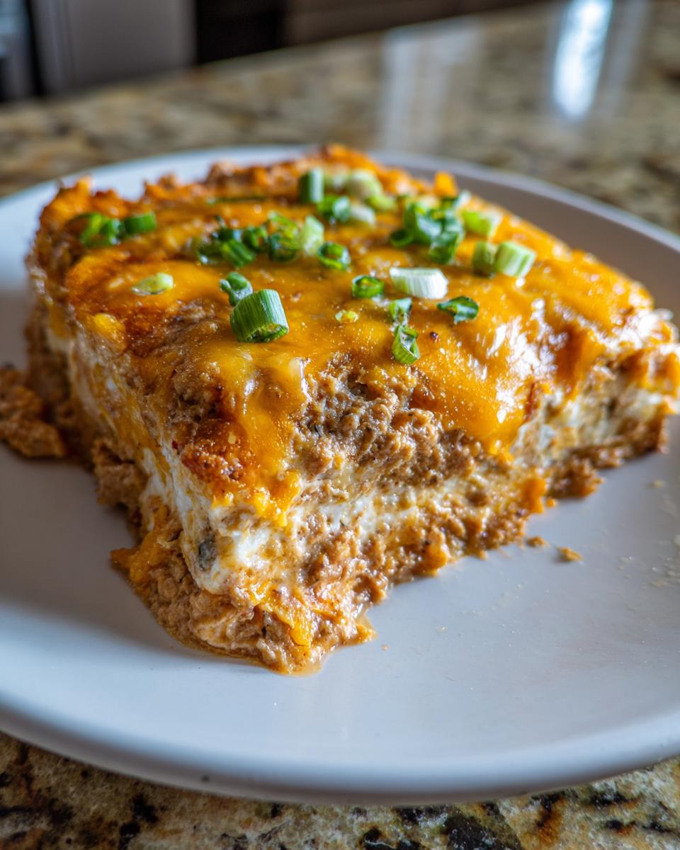 A square slice of hot, cheesy texas trash dip topped with melted cheddar and fresh green onions.