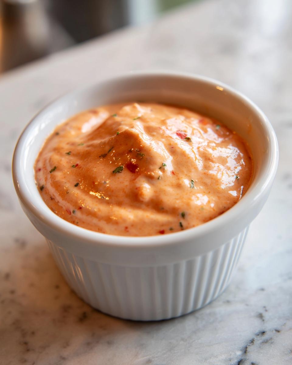 Close-up of a creamy, orange-hued smash burger sauce seasoned with herbs in a small white ramekin.