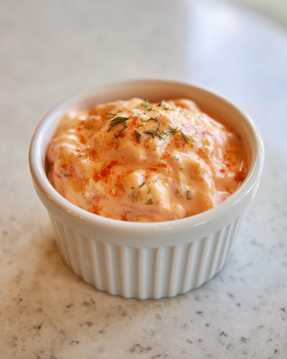 Close-up of creamy, orange-hued smash burger sauce topped with paprika and dill in a small white bowl.