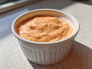 Close-up of creamy, orange-hued smash burger sauce sprinkled with red spices in a white ramekin.