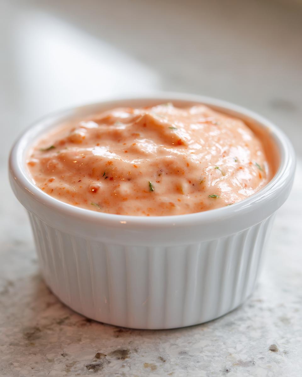 Close-up of a creamy, orange-tinted smash burger sauce with visible spices in a small white ramekin.