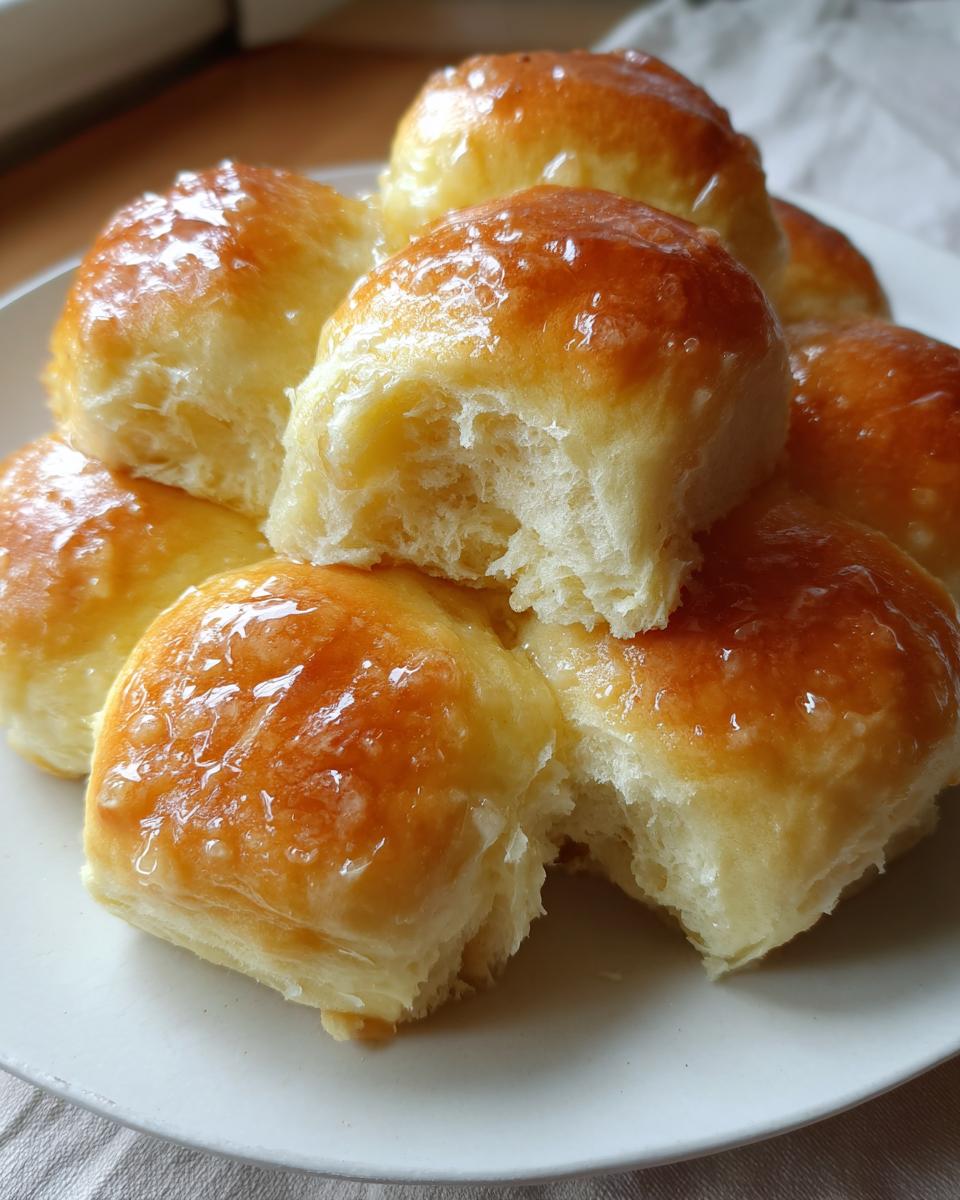 A stack of freshly baked, glossy dinner rolls, with one roll pulled apart to show the soft interior.