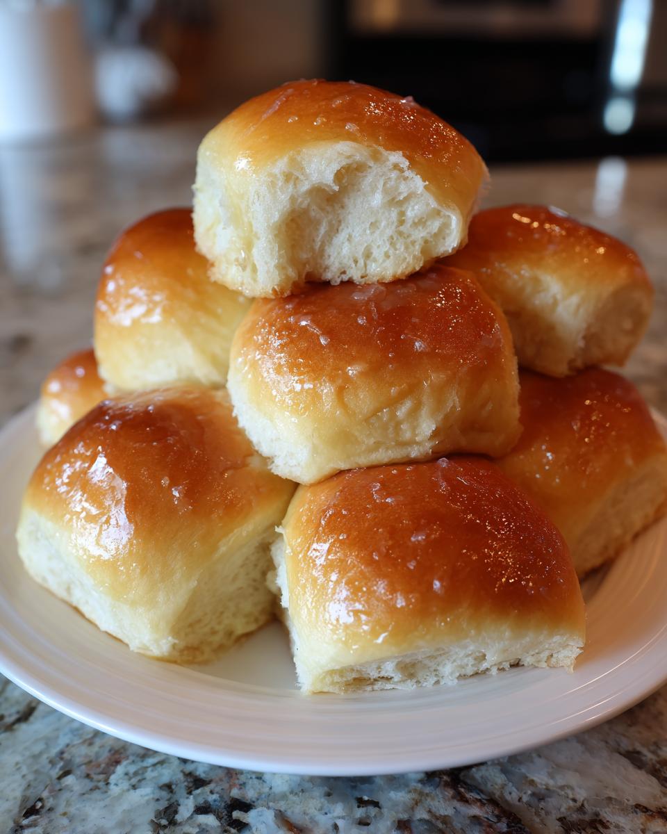 A stack of freshly baked, golden brown dinner rolls topped with a shiny glaze, one roll is broken open showing the soft interior.
